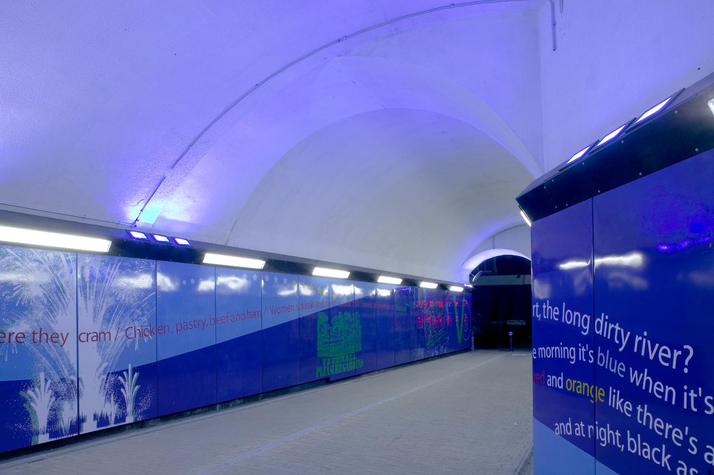 Interior view of tunnel at completion with dichroic lighting.